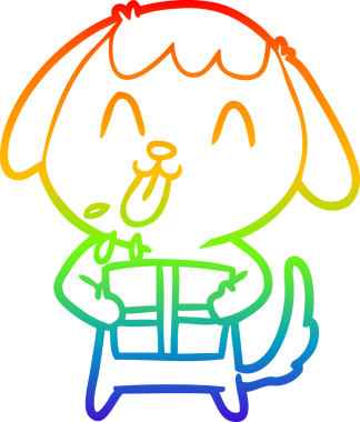 Gökkuşağı gradyan çizimi. Bir insan tarafından çizilmiş Noel hediyeli şirin bir çizgi köpek çizimi.