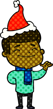 Mutlu el çizimi çizgi roman tarzı Noel Baba şapkası giyen bir adamın bir insan tarafından çizilmiş resmi.