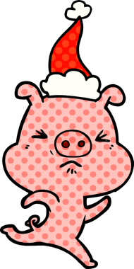 Bir insan tarafından çizilmiş Noel Baba şapkası giymiş kızgın bir domuzun el çizimi çizgi roman çizimi.