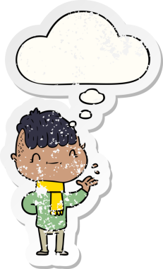 Düşünce baloncuğu olan karikatür dostu çocuk bir insan tarafından çizilmiş yıpranmış bir çıkartma.