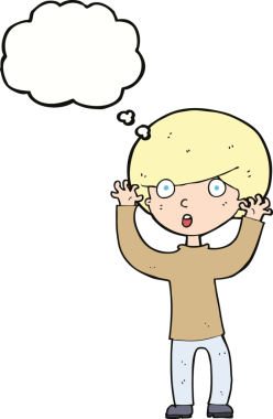 Bir insan tarafından çizilmiş düşünce baloncuğu ile ürkmüş bir çocuk.