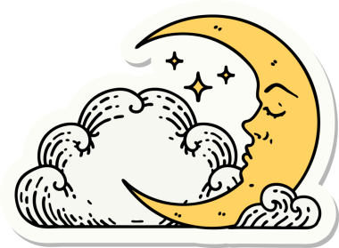 Hilal şeklinde geleneksel dövme çıkartması ve bir insan tarafından çizilmiş bulutlar.