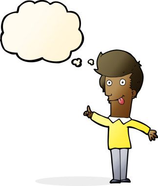 Bir insan tarafından çizilmiş düşünce baloncuğu fikri olan komik bir adam.