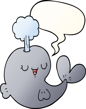 Bir insan tarafından çizilmiş, konuşma baloncuklu çizgi film balinası.