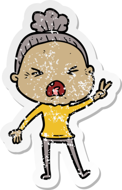 Bir insan tarafından çizilmiş kızgın yaşlı bir kadının sıkıntılı çıkartması.