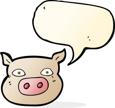 Bir insan tarafından çizilmiş konuşma balonlu domuz suratlı bir çizgi film.