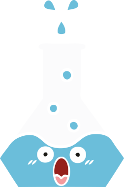 Bir insan tarafından çizilmiş bir bilim şişesinin düz renkli retro karikatürü