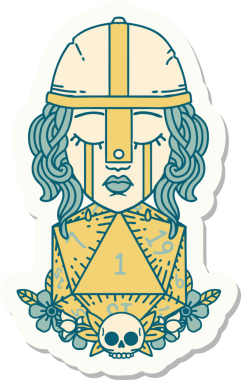 Ağlayan bir insan dövüşçüsünün çıkartması. Bir insan tarafından çizilmiş doğal bir D20 rulosu.