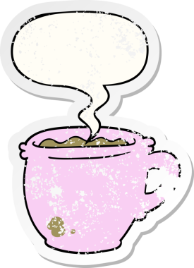 Bir insan tarafından çizilmiş, sıkıntılı, sıkıntılı, eski bir çıkartma olan bir kahve fincanı.