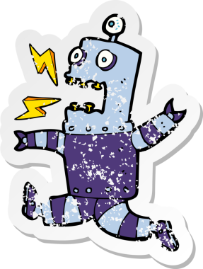 Bir insan tarafından çizilmiş korku dolu bir robot çizgi filmin gerilimli çıkartması.