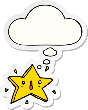 Düşünce baloncuğu insan tarafından çizilmiş bir çıkartma olan sevimli çizgi film yıldızı.