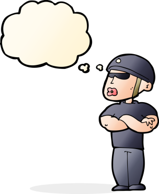 Bir insan tarafından çizilmiş düşünce kabarcığı olan çizgi film güvenlik görevlisi.