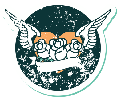 Bir insan tarafından çizilmiş çiçek ve pankartıyla uçan bir kalbin sembolik dövmeli resmi.