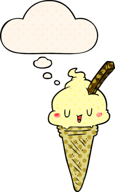 Bir insan tarafından çizilmiş çizgi roman tarzı düşünce baloncuklu tatlı çizgi film dondurması.