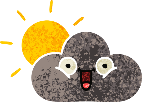 Bir insan tarafından çizilmiş fırtına bulutu ve güneşin retro çizim tarzı karikatürü.