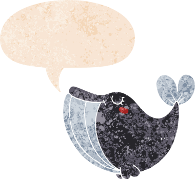 Bir insan tarafından çizilmiş grunge dertli retro tarzı konuşma balinası ile çizgi film balinası