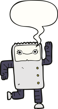 Bir insan tarafından çizilmiş konuşma balonu olan çizgi film robotu.