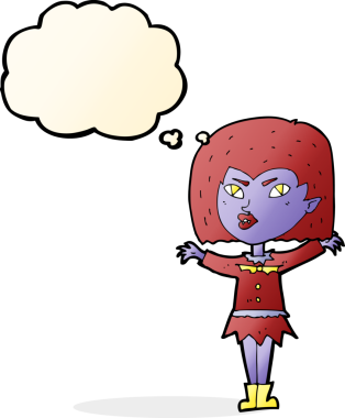 Bir insan tarafından çizilmiş düşünce balonlu vampir kız.