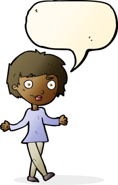 Bir insan tarafından çizilmiş konuşma balonu olan kafası karışık bir kadın çizgi filmi.