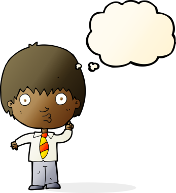 Çizgi film çocuğu soruyu bir insan tarafından çizilmiş düşünce balonuyla cevaplıyor.