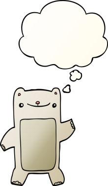 Bir insan tarafından çizilmiş yumuşak eğimli düşünce baloncuklu çizgi film ayısı.