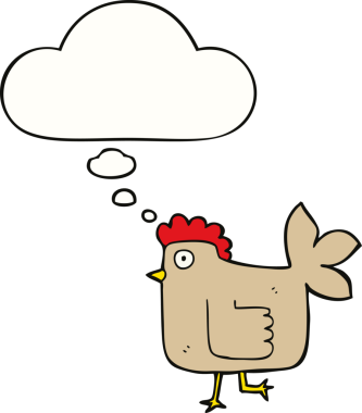 Bir insan tarafından çizilmiş düşünce balonlu çizgi film tavuğu.