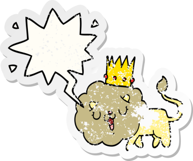 Sözcük baloncuklu çizgi film aslanı bir insan tarafından çizilmiş sıkıntılı eski bir çıkartma.