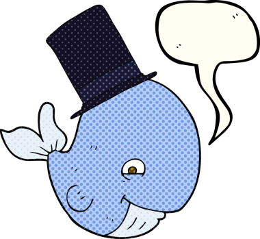 El yazısıyla çizilmiş çizgi roman konuşma balonu silindir şapkalı balina bir insan tarafından çizilmiş.