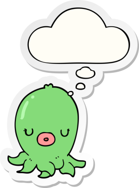 Düşünce baloncuklu ahtapot çizgi film etiketi bir insan tarafından çizilmiş.