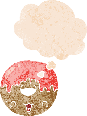 Düşünce baloncuklu tatlı çizgi film donutu grunge sıkıntılı retro desenli bir insan tarafından çizilmiş