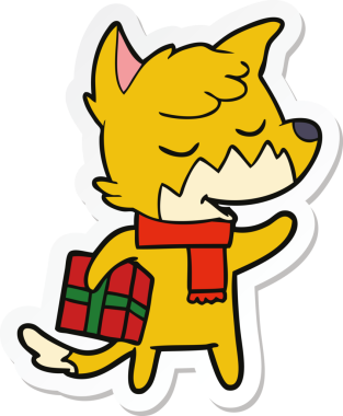 Bir insan tarafından çizilmiş Noel hediyesi olan dost canlısı bir tilkinin çıkartması.