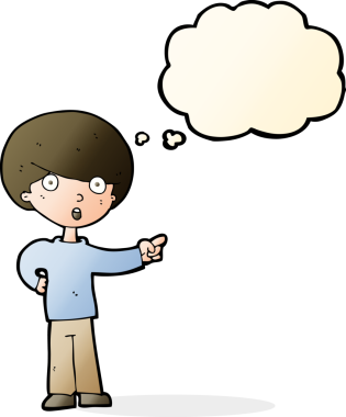 Bir insan tarafından çizilmiş düşünce kabarcığı olan çizgi film çocuğu.