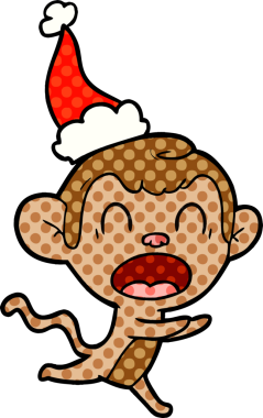 Bir insan tarafından çizilmiş Noel Baba şapkası giyen bir maymunun çizilmiş el çizimi çizgi roman çizimi.