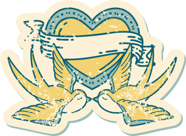 Kederli sembolik dövme stili kırlangıçlar ve bir insan tarafından çizilmiş sancaklı kalp.