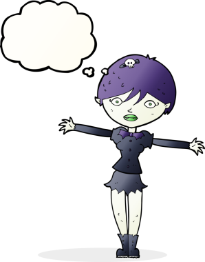 Bir insan tarafından çizilmiş düşünce balonlu vampir kız.