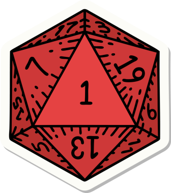 Bir insan tarafından çizilmiş doğal 1 D20 zar etiketi.