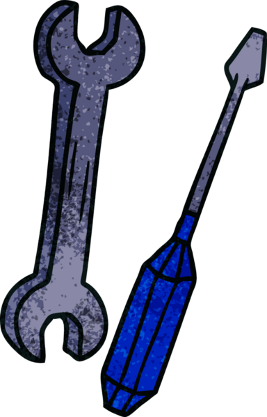 Bir İngiliz anahtarı ve bir insan tarafından çizilmiş bir tornavida çizimi.