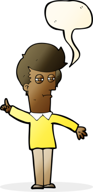 Bir insan tarafından çizilmiş konuşma baloncuğuyla gözlerini kısarak bakan çizgi film adamı.