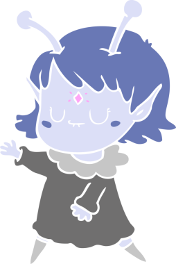 Bir insan tarafından çizilmiş düz renkli uzaylı kız çizgi filmi.