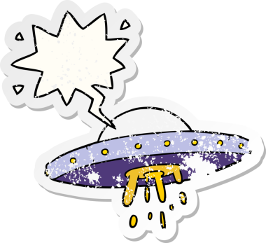 Konuşma baloncuğu olan uçan UFO çizgi filmi bir insan tarafından çizilmiş sıkıntılı eski bir çıkartma