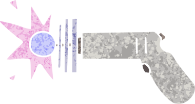 Retro illüstrasyon tarzı tuhaf bir ışın tabancası bir insan tarafından çizilmiş.