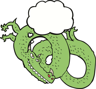 Bir insan tarafından çizilmiş düşünce baloncuklu çizgi film ejderhası.