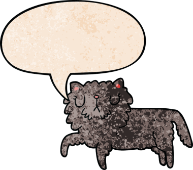 Konuşma baloncuğu olan çizgi film kedisi insan tarafından çizilmiş eski moda dokular.