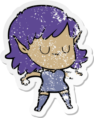 Bir insan tarafından çizilmiş mutlu bir elf kızının sıkıntılı çıkartması.