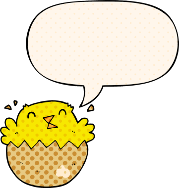 Bir insan tarafından çizilmiş çizgi roman tarzında konuşma balonu olan yumurtadan çıkan bir piliç.