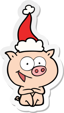 Neşeli, domuz eli. Bir insan tarafından çizilmiş Noel Baba şapkasının çıkartması.