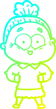 Bir insan tarafından çizilmiş, mutlu, yaşlı bir kadının çizimi.