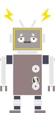 Bir insan tarafından çizilmiş arızalı bir robotun düz renk retro karikatürü