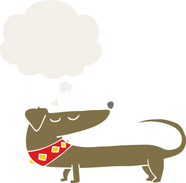 Düşünce baloncuğu olan bir insan tarafından çizilmiş çizgi film köpeği.