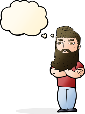 Bir insan tarafından çizilmiş sakallı, ciddi bir çizgi film karakteri.